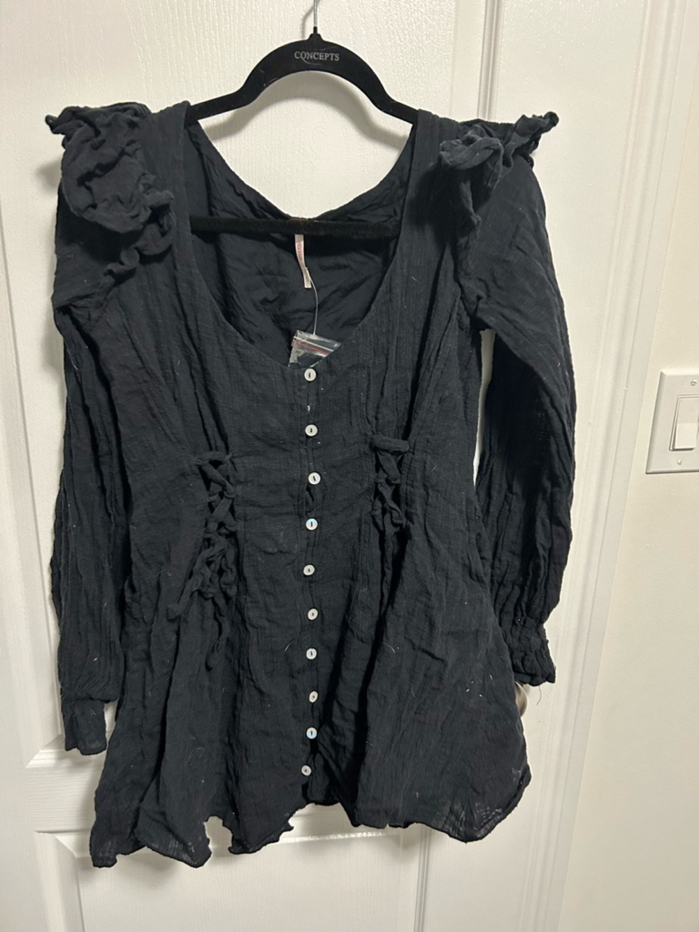 Black Button-Front Ruffle In the mood for frills dress - Free People - Small